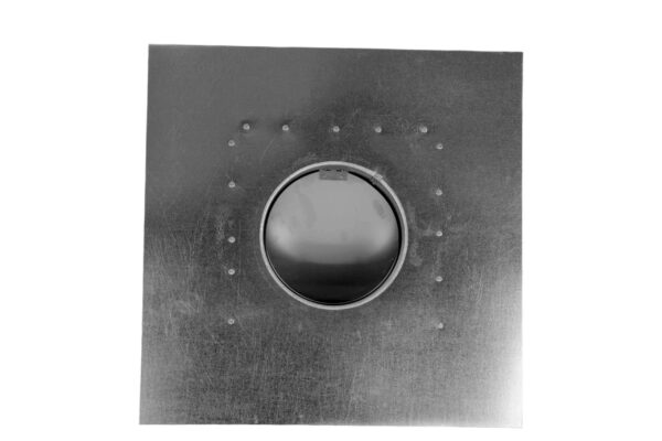 Bottom view of a metallic vent with a round opening and square base.
