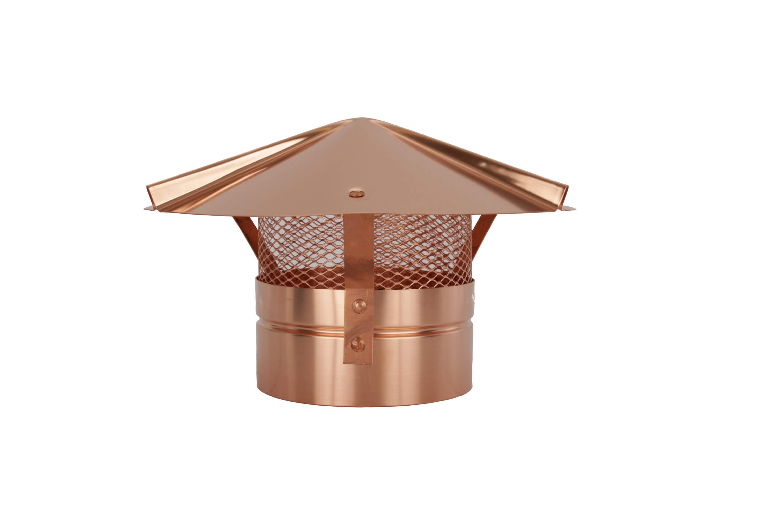 Side view of FAMCO cone top chimney cap with screen in copper.