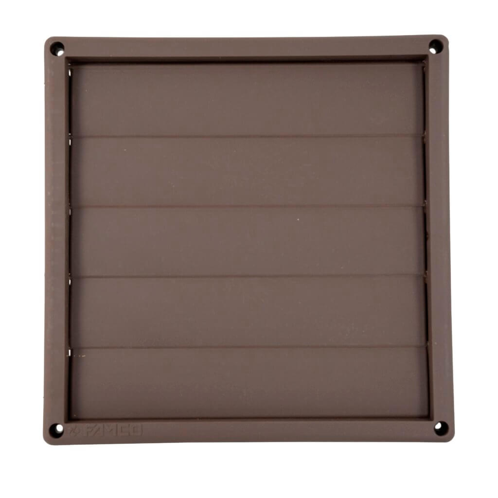 Front view of closed FAMCO 5-louver plastic wall vent in brown.