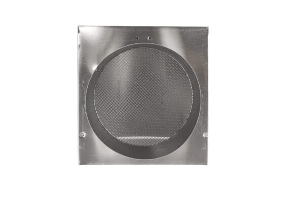 Front view of a galvanized steel vent with a circular mesh screen.