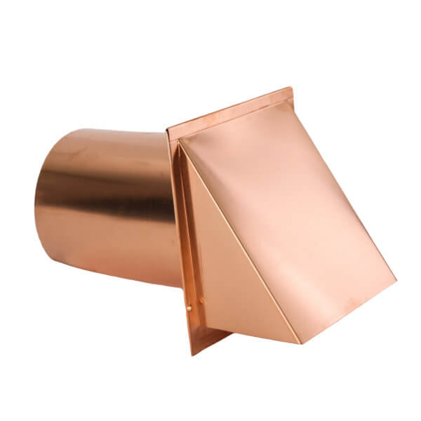 Diagonal side view of FAMCO hooded wall vent in copper.