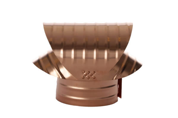 Full side view of FAMCO round base chimney vacuum cap in copper.