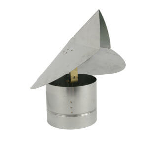 Diagonal side-view of FAMCO wind directional chimney cap in galvanized steel.