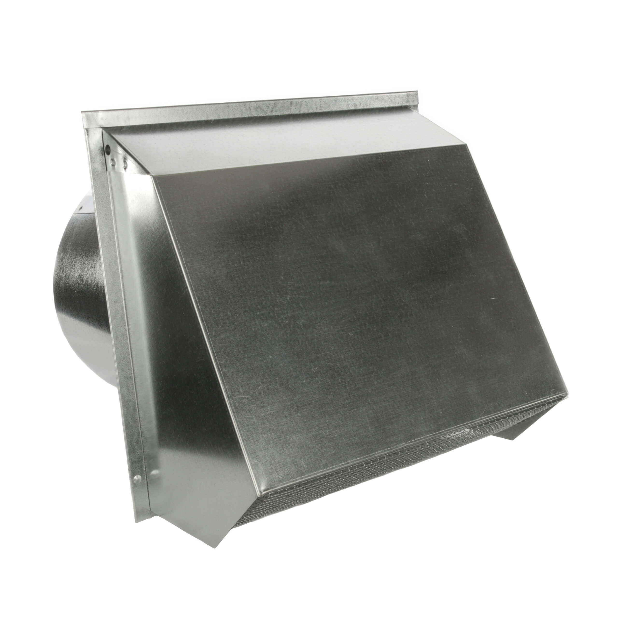 Front view of FAMCO Hooded Wall Vent with damper, gasket, and screen in galvanized steel.
