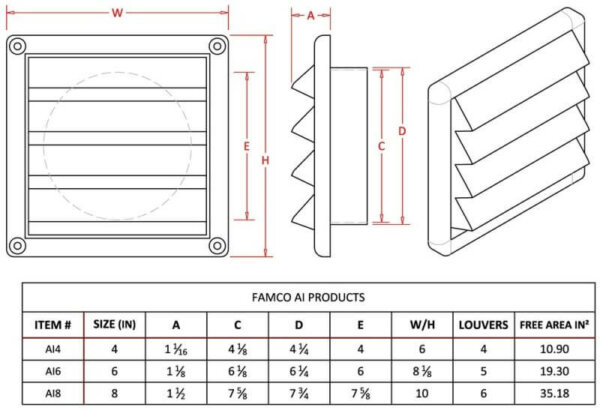 Plastic Wall Vent with Fixed Louvers-1228 drawing of the table of specs