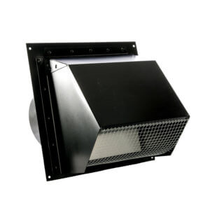 Front view of FAMCO Hooded Wall Vent in black painted galvanized steel.