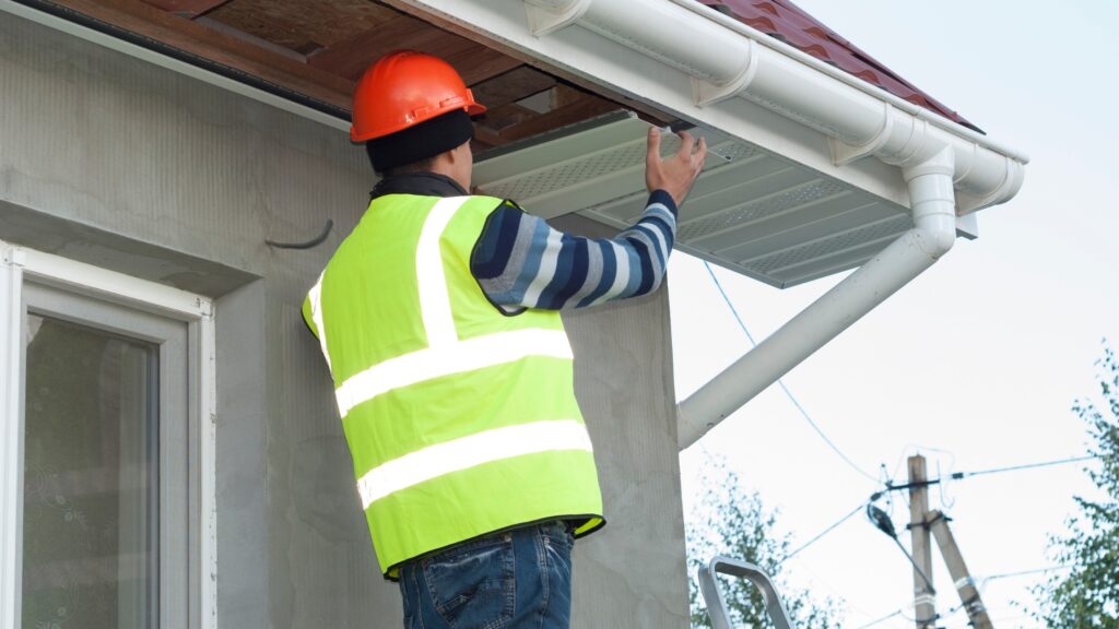 man installing soffit vents to home