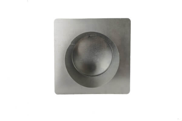 Bottom view of FAMCO hooded wall vent with damper and stucco ring in galvanized steel.