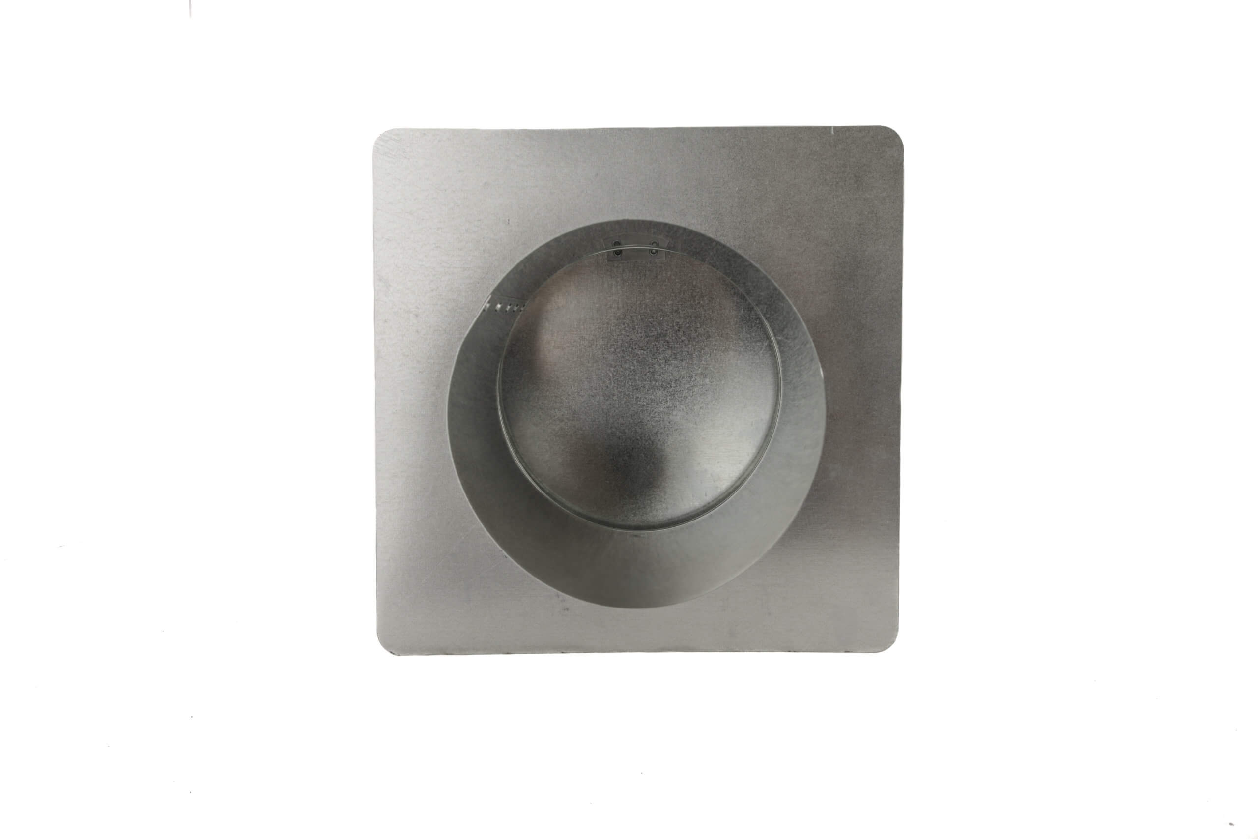 Bottom view of FAMCO hooded wall vent with damper and stucco ring in galvanized steel.