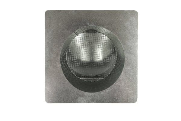 Bottom view of FAMCO hooded wall vent with screen and stucco ring in galvanized steel.