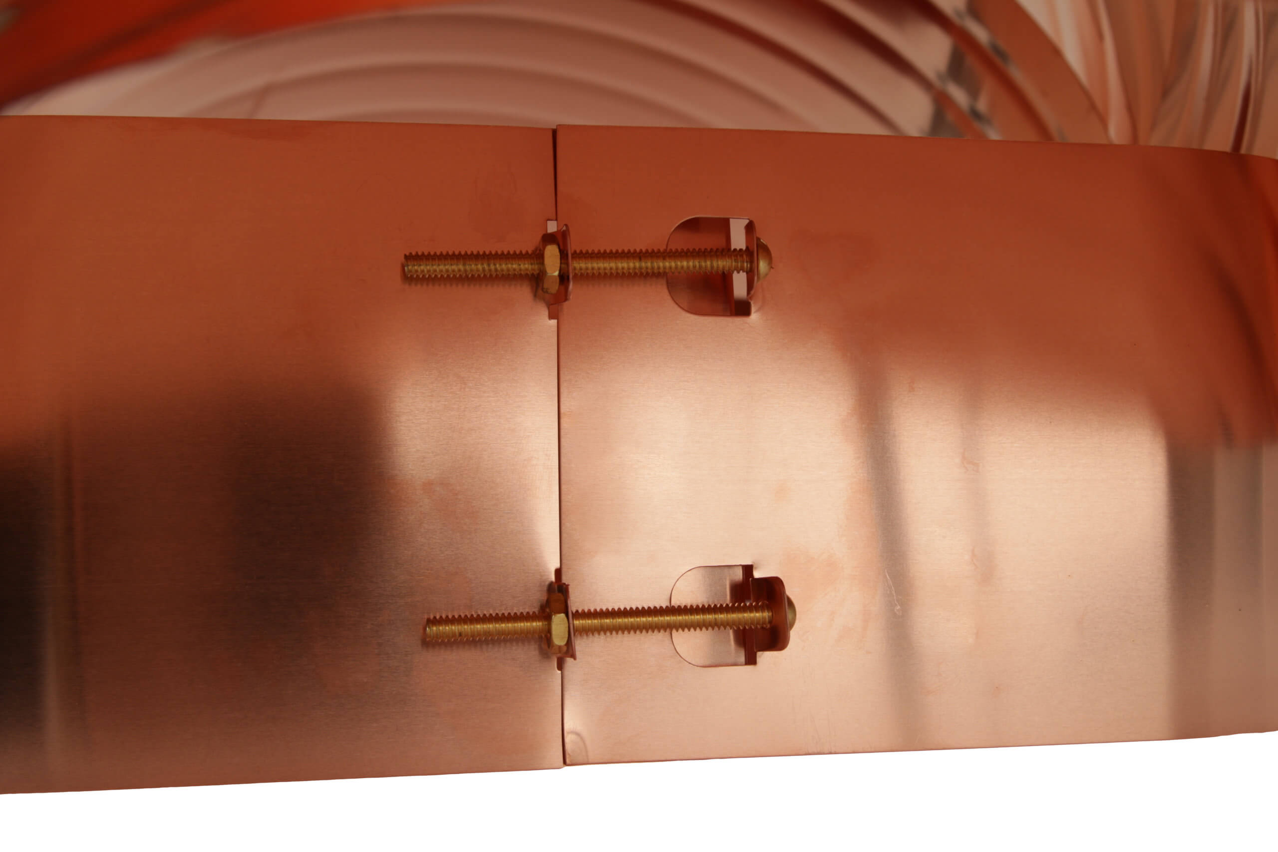 Side shot of assembled square flue vacuum cap in copper.